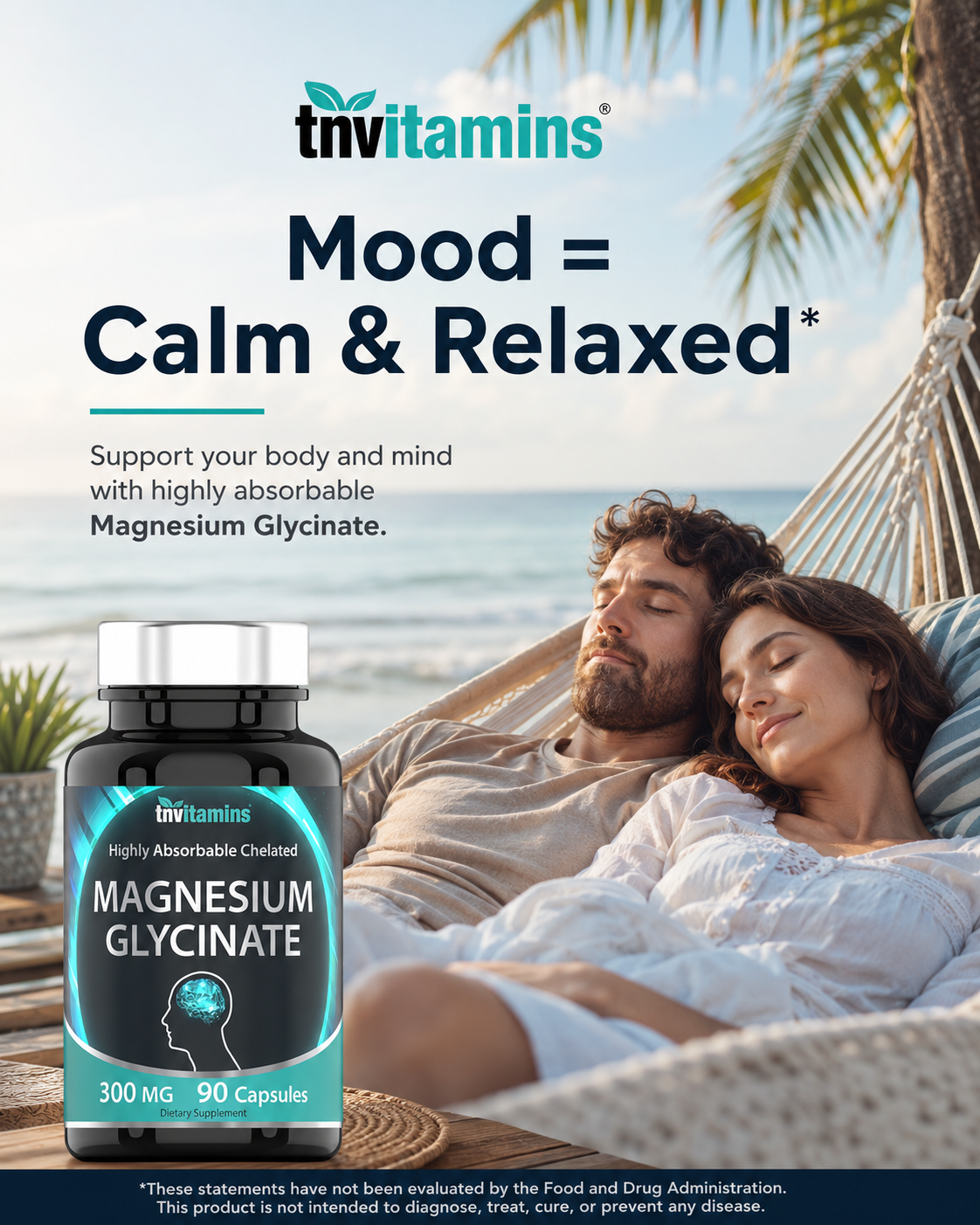 Magnesium glycinate supplement bottle, 300 mg, 90 capsules, front label visible.