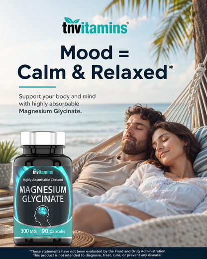 Magnesium glycinate supplement bottle, 300 mg, 90 capsules, front label visible.