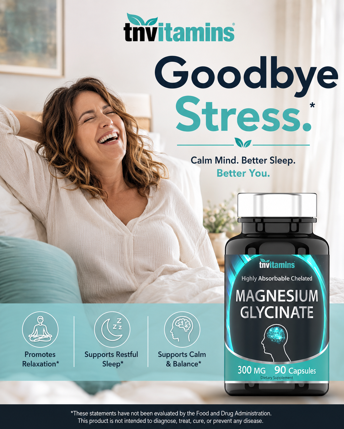 Magnesium glycinate supplement bottle with stress-relief icons, 300 mg, 90 capsules.
