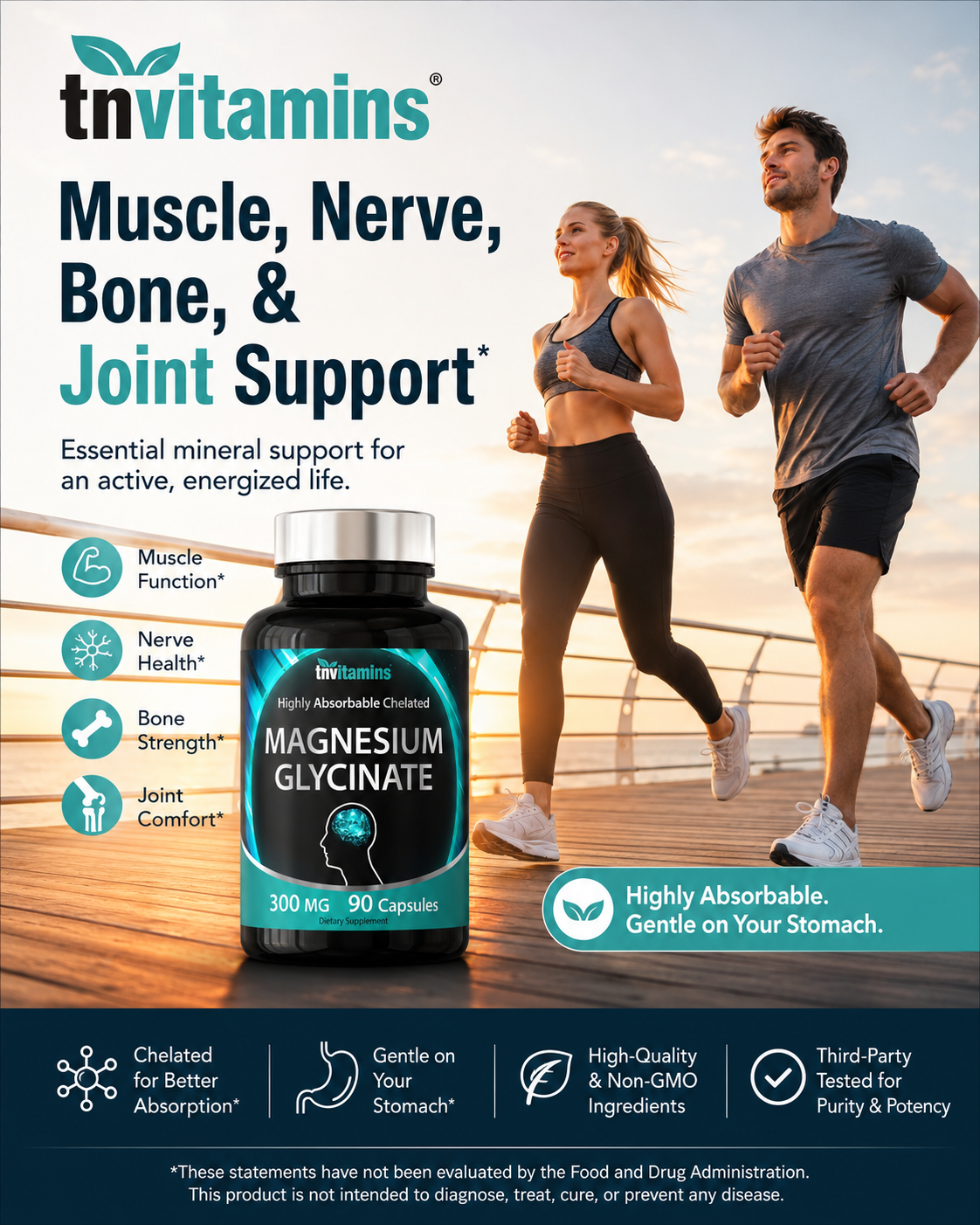 Magnesium glycinate supplement bottle with muscle-nerve-joint icons, 300 mg, 90 capsules.
