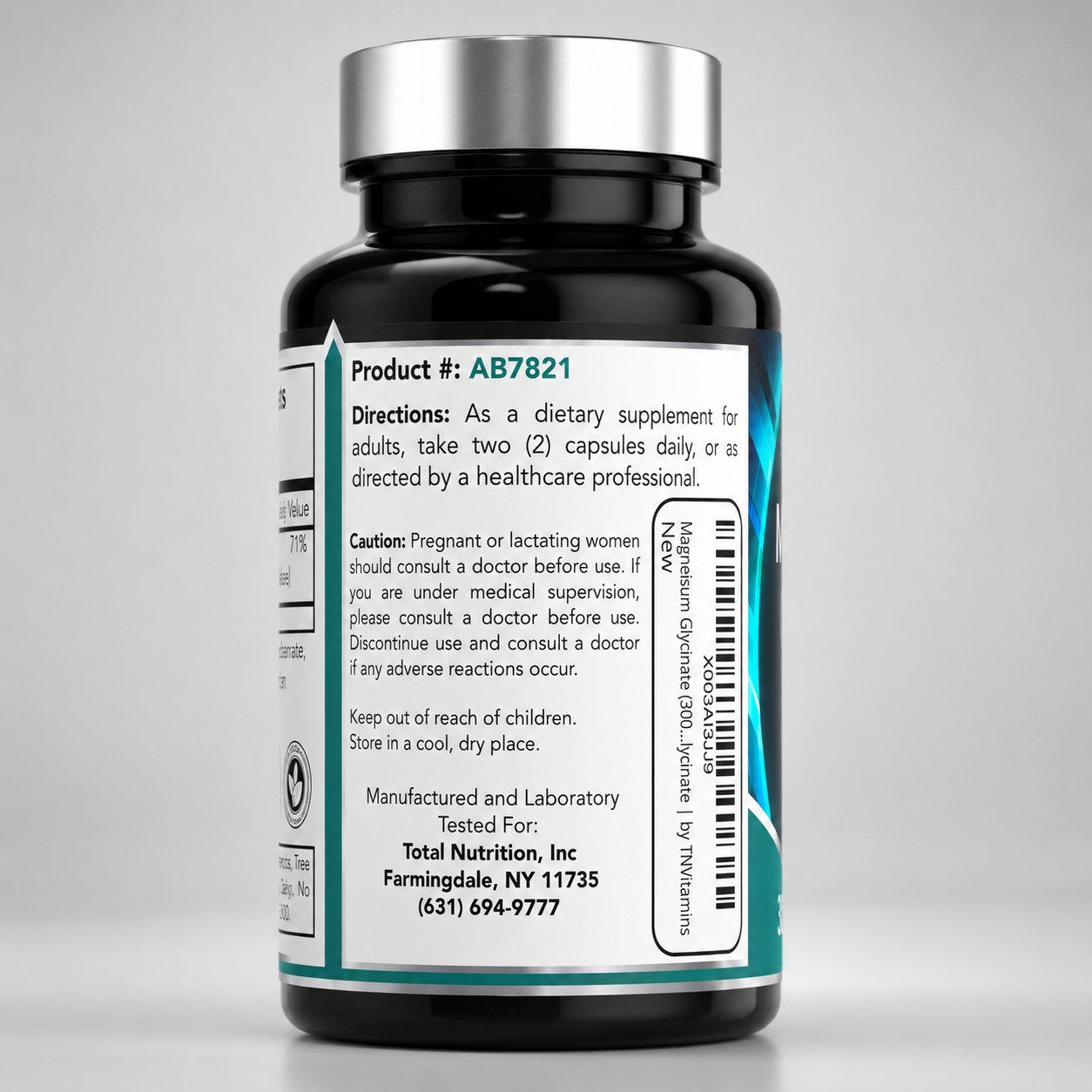 Magnesium glycinate supplement bottle with directions and barcode on rear label.