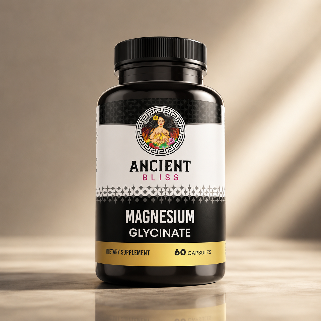 Magnesium glycinate supplement bottle with black cap, 60 capsules