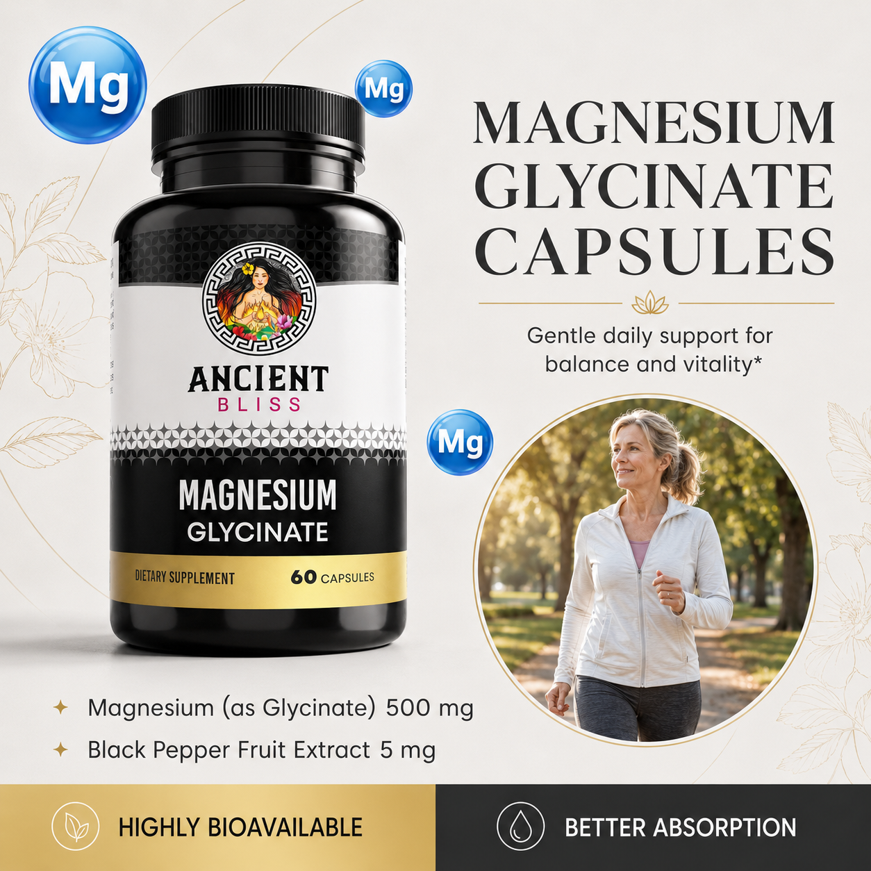 Magnesium glycinate capsule bottle with Ancient Bliss branding, 60 capsules
