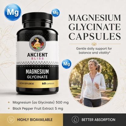 Magnesium glycinate capsule bottle with Ancient Bliss branding, 60 capsules