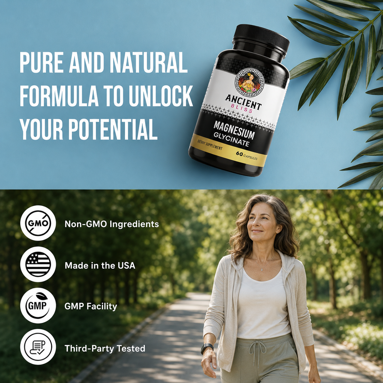 Magnesium glycinate supplement bottle with black cap, 60 capsules