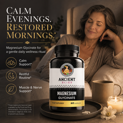 Magnesium glycinate supplement bottle with black cap beside mug, 60 capsules
