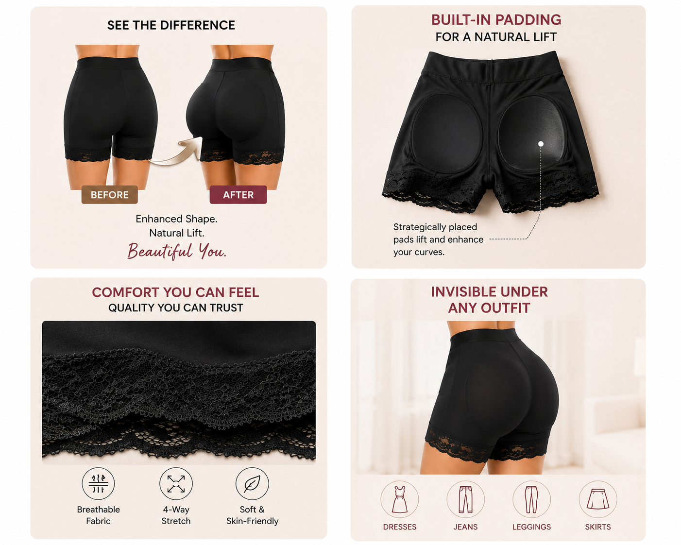 Black shaping underwear shorts with lace trim and built-in hip lifting padding