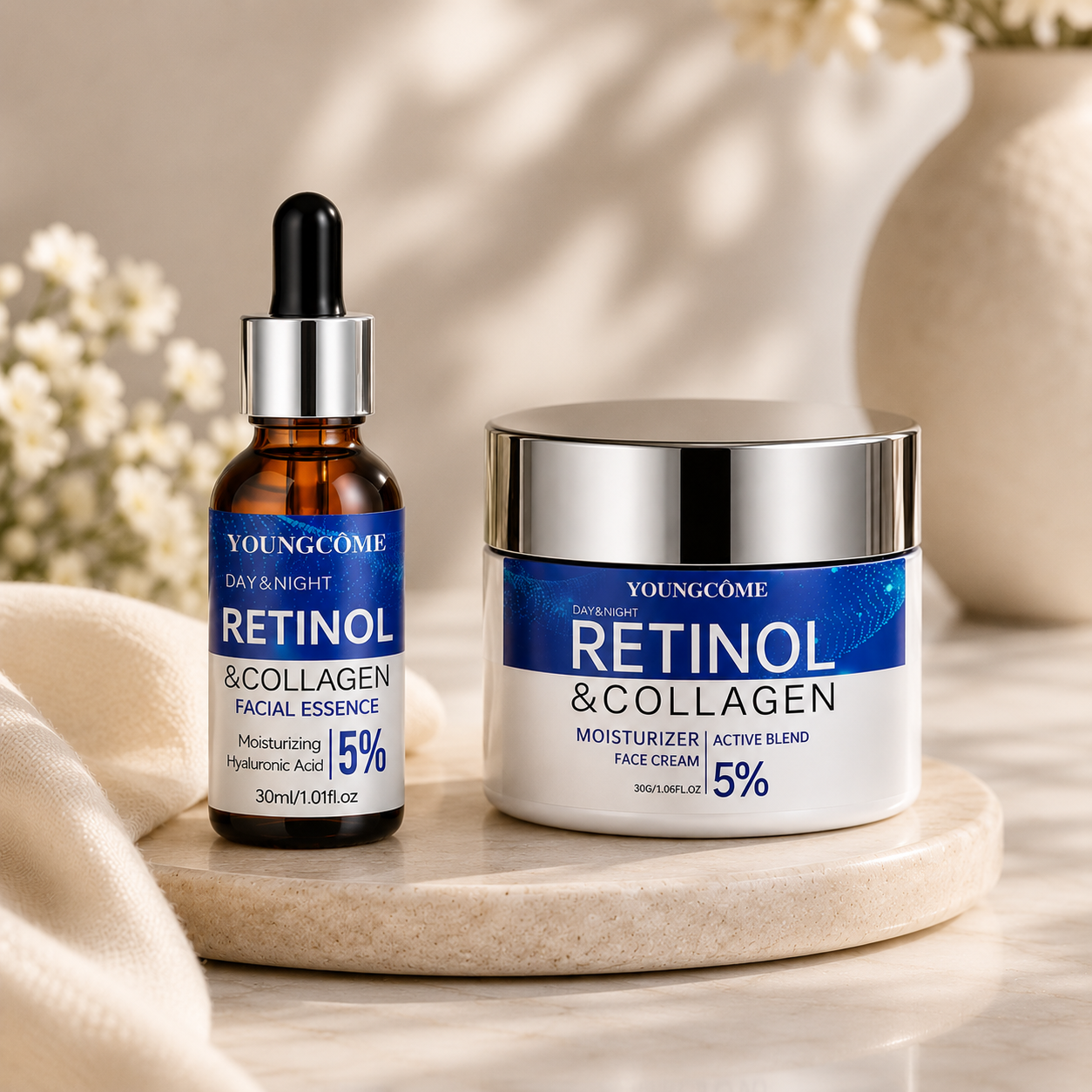 YOUNGCOME retinol & collagen face serum bottle and face cream jar, 5% formula