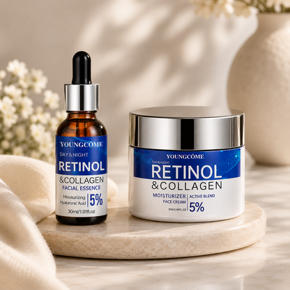 YOUNGCOME retinol & collagen face serum bottle and face cream jar, 5% formula