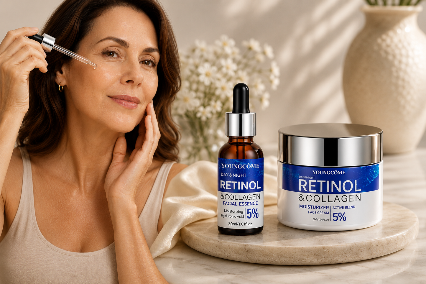 YOUNGCOME retinol & collagen combo set: dropper serum bottle and face cream jar