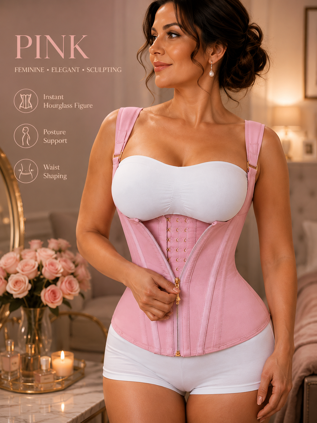 Pink shapewear corset vest with front hook closure, structured boning, and white bra lining