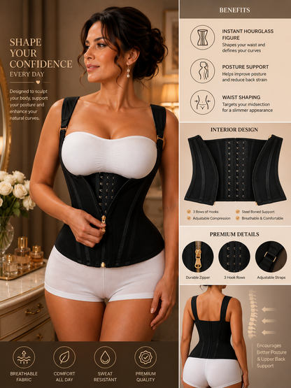 Black shapewear corset vest with adjustable straps and front hook closure