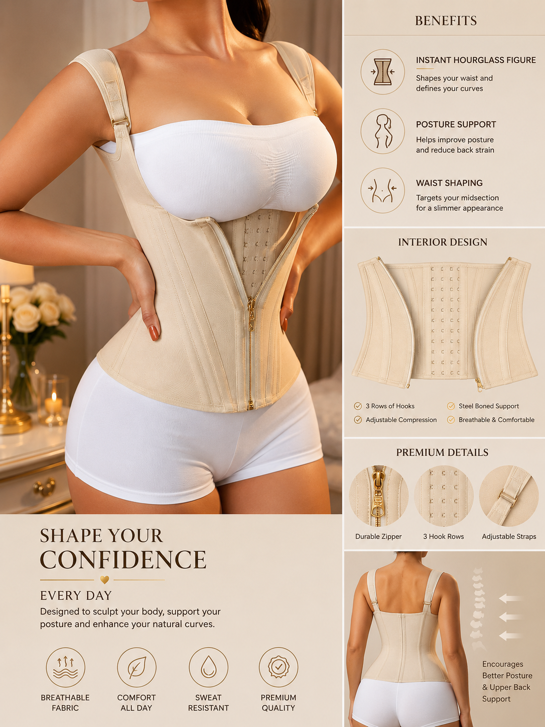 Beige shapewear corset vest with front hook closure and structured boning