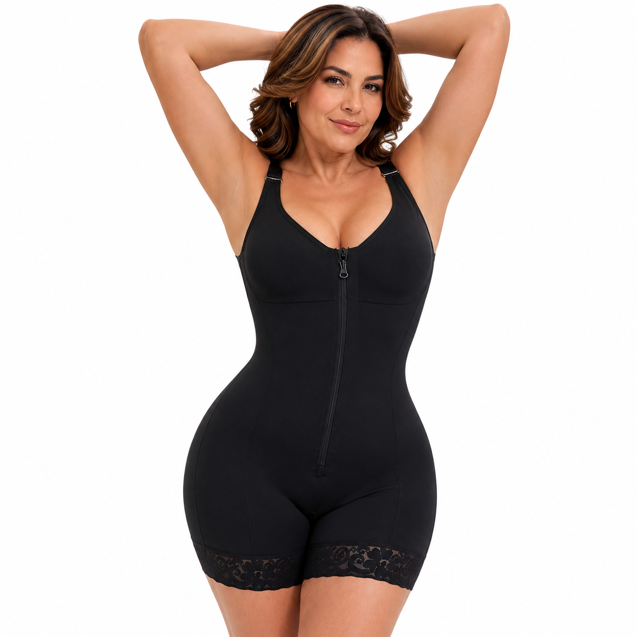Black full-body shaper with front zipper and lace-trim leg openings