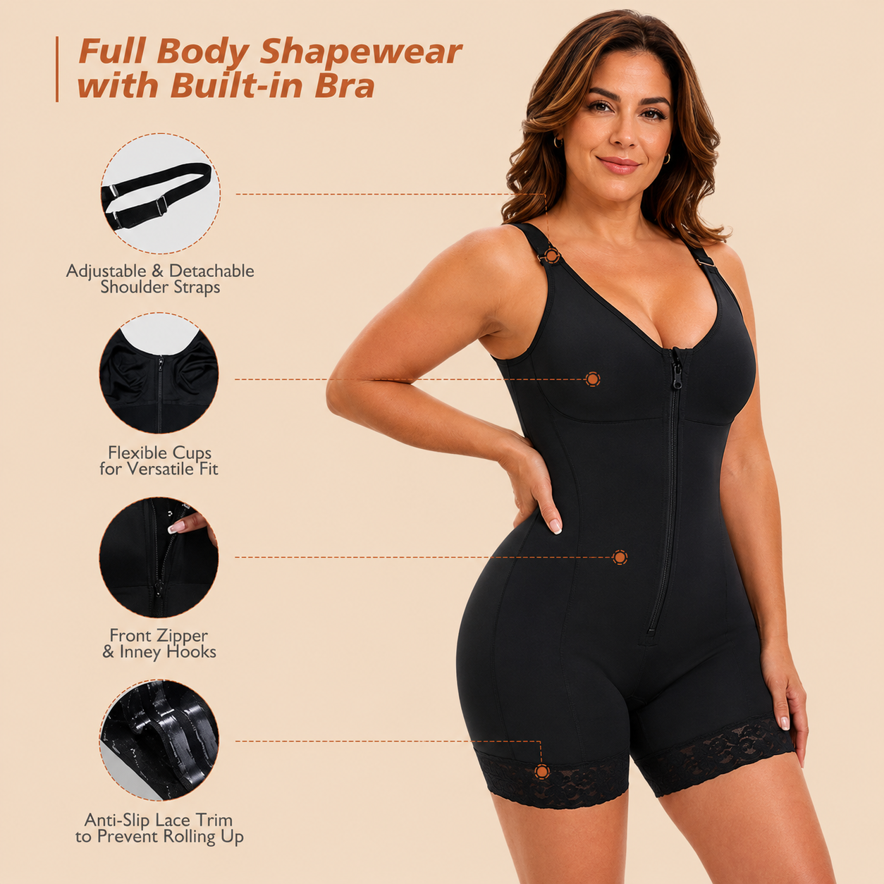 Black full-body shaper with built-in bra, adjustable straps, and lace trim