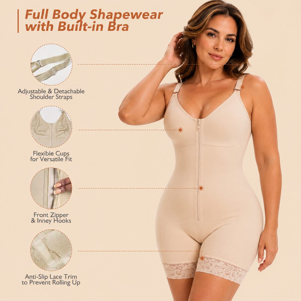 Beige full-body shaper with built-in bra, front zipper, and lace-trim shorts