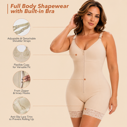 Beige full-body shaper with built-in bra, front zipper, and lace-trim shorts