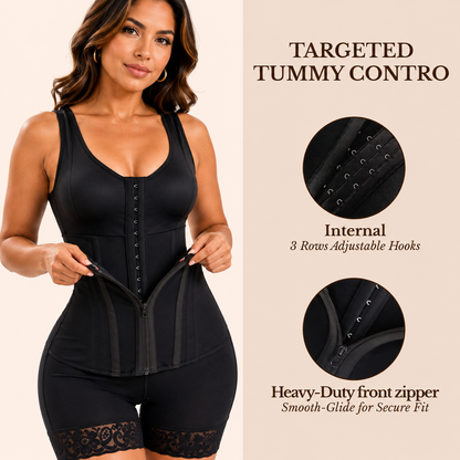 Black overbust control shapewear with front zipper, wide straps, and lace-trimmed short hems