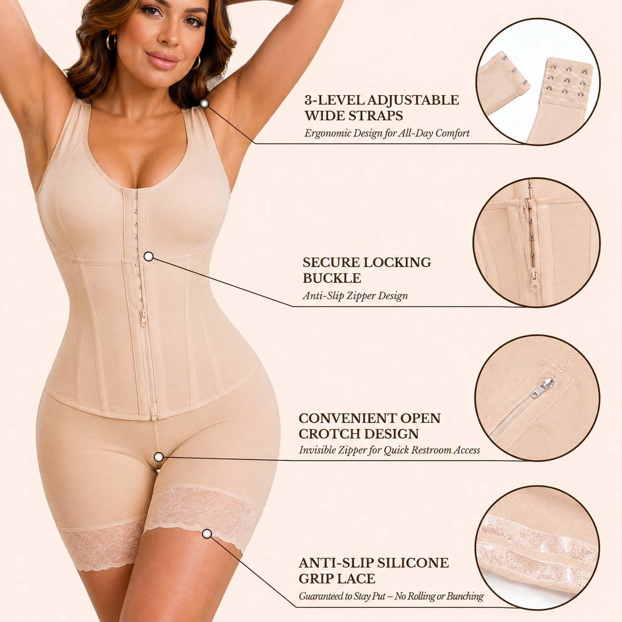 Beige overbust control shapewear with front zipper and lace-trimmed short legs