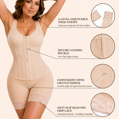 Beige overbust control shapewear with front zipper and lace-trimmed short legs