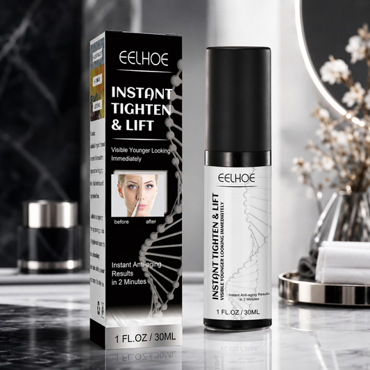 Firming serum bottle with matte black cap and matching retail box, 30 ml