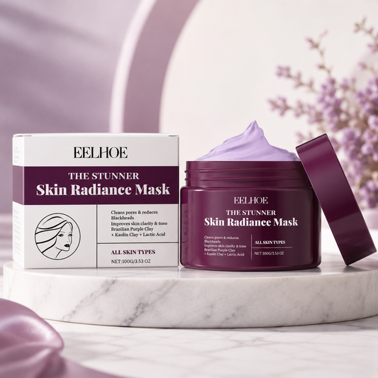 EELHOE Skin Radiance Mask clay jar with purple lid, beside product box