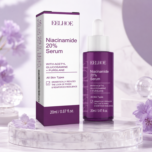 Niacinamide 20% serum bottle with dropper and matching purple box