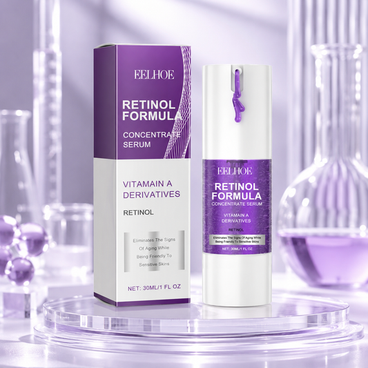 Retinol serum face essence in white bottle with purple box packaging