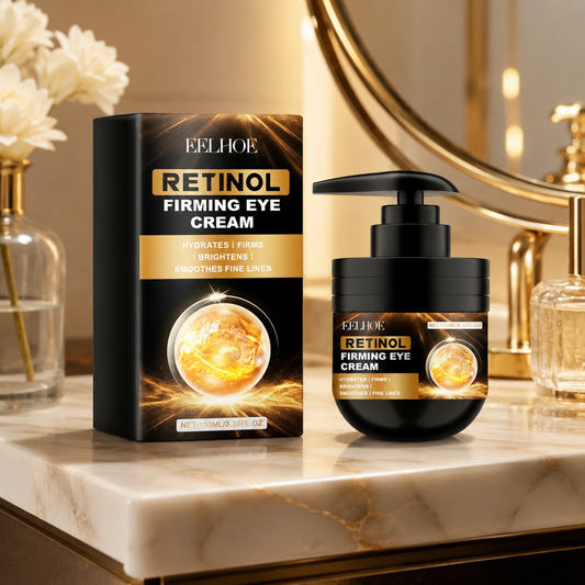 Retinol firming eye cream with black pump bottle and front box