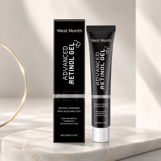 Retinol concentrate serum box and tube on marble pedestal, silver tube with black label