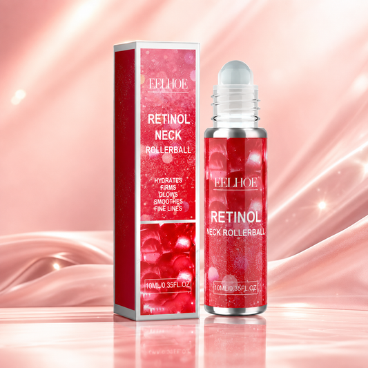 Retinol neck rollerball serum with red glass roller bottle and matching product box
