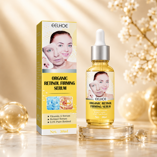 Retinol firming serum in amber dropper bottle with matching product box