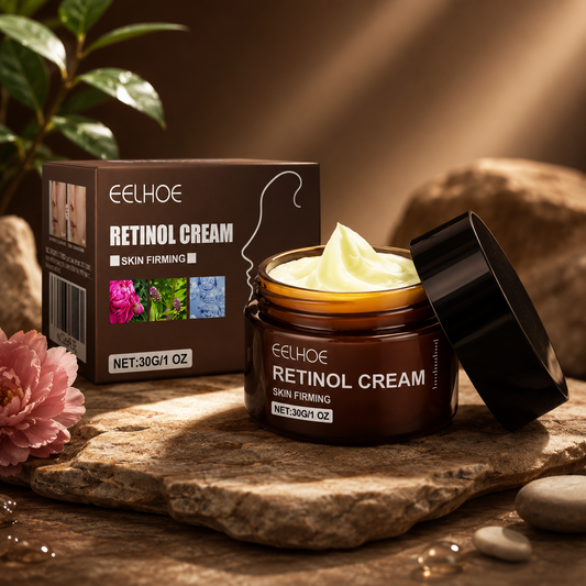 Retinol face cream jar with open lid, cream scoop, and EELHOE product box