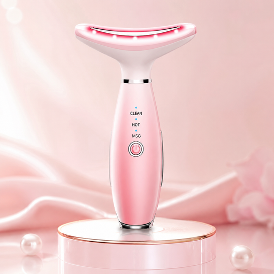 Pink facial massager tool with glowing LED rim and control panel