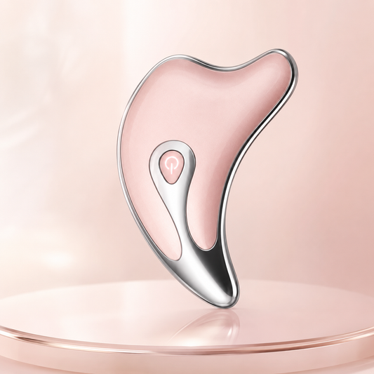 Pink electric gua sha facial massager with LED contact pad and curved metal body