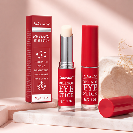 Retinol eye stick set: red box, silver tube with white balm, red cap.