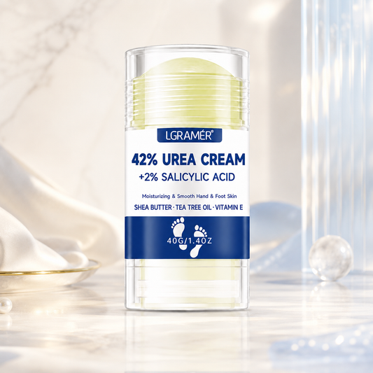 LGRAMER 42% urea foot cream jar, clear lid with blue label and 40g/1.4oz mark