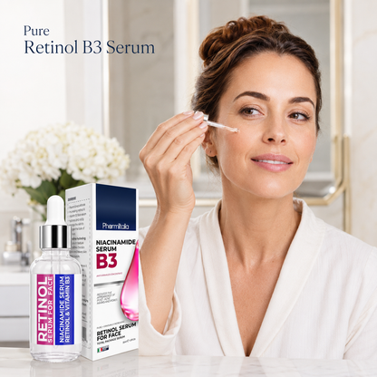 Retinol B3 face serum bottle and box, dropper applying serum on woman's face