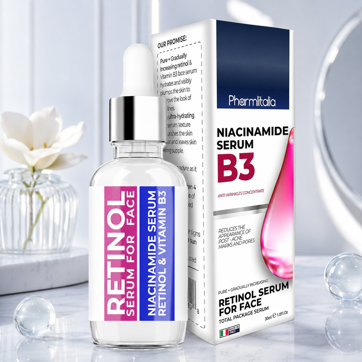 Face retinol serum bottle with niacinamide B3 box, clear glass dropper