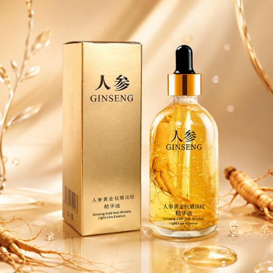 Ginseng essence bottle with dropper and gold box, amber serum liquid