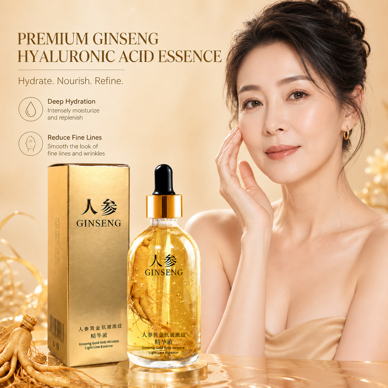 Ginseng essence bottle with dropper, amber serum, shown with gold product box