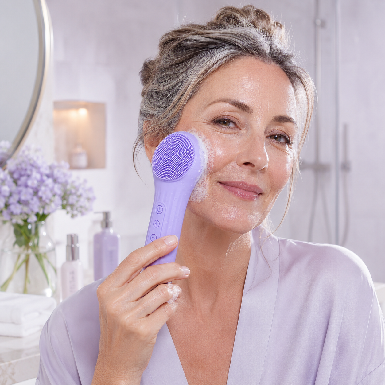Purple silicone facial cleansing brush with circular bristle head and control buttons