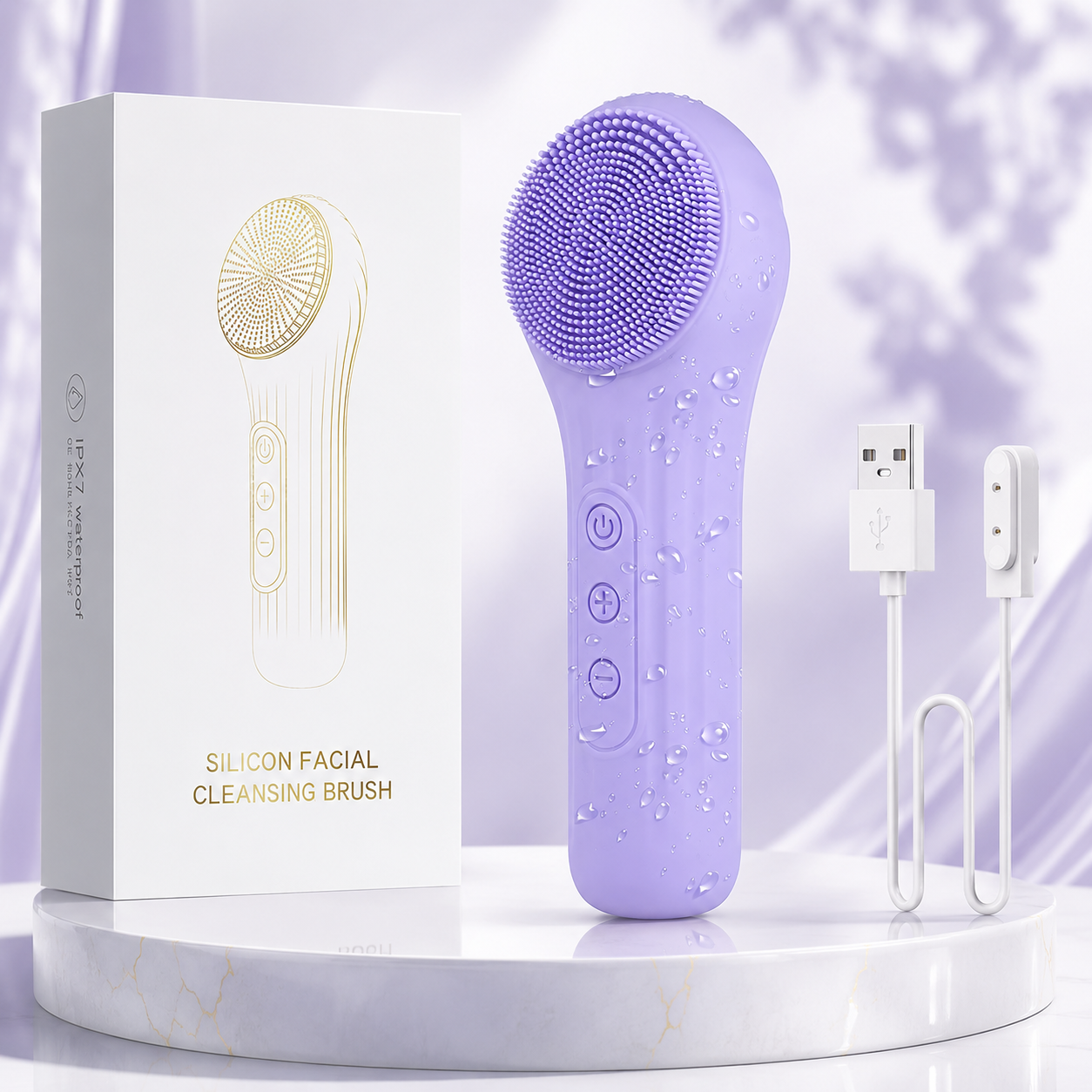 Purple silicone facial cleansing brush with charging cable and product box