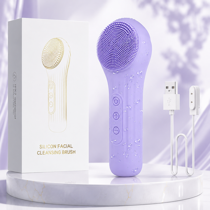 Purple silicone facial cleansing brush with charging cable and product box