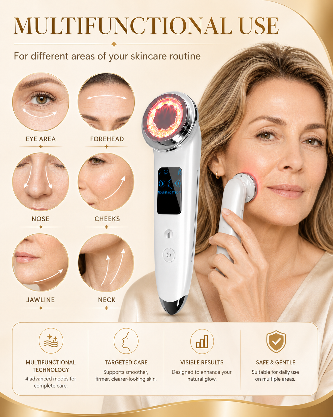 White 4-in-1 face massager with glowing red LED ring and control screen