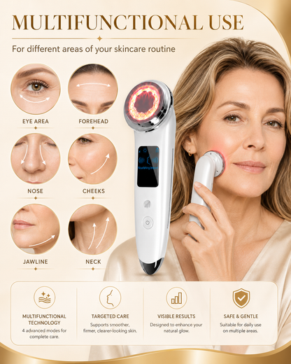 White 4-in-1 face massager with glowing red LED ring and control screen