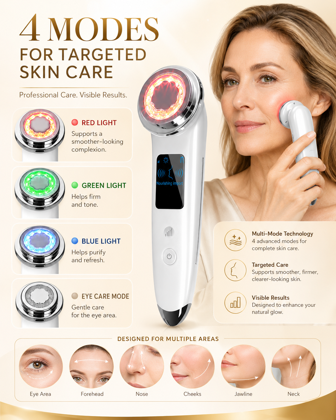 White face massager with four LED heads and glowing red mode indicator