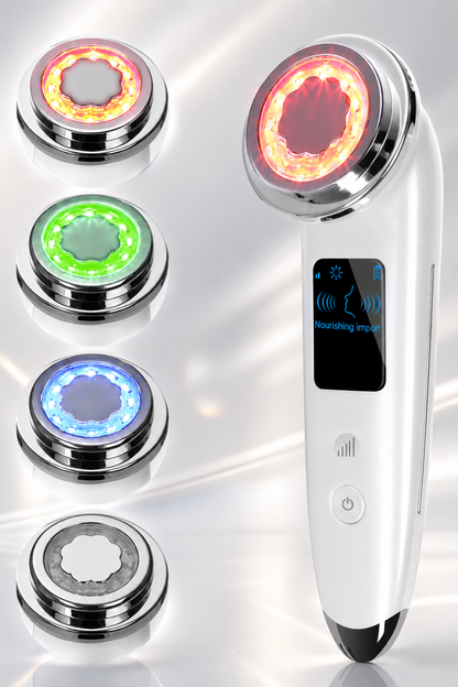 White electric face massager with four LED light heads and control display