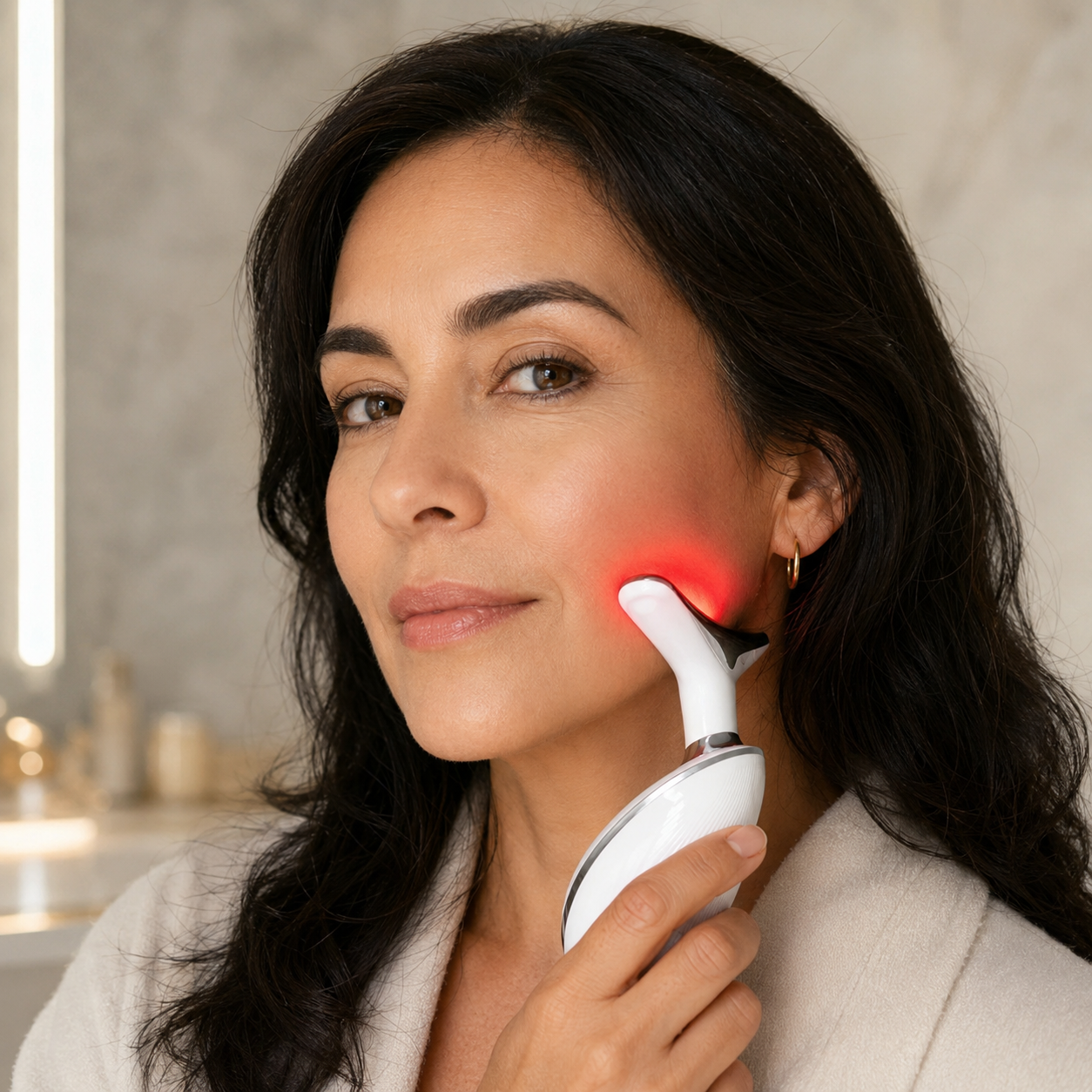 Wavy Chic microcurrent facial device, white head with glowing red treatment tip