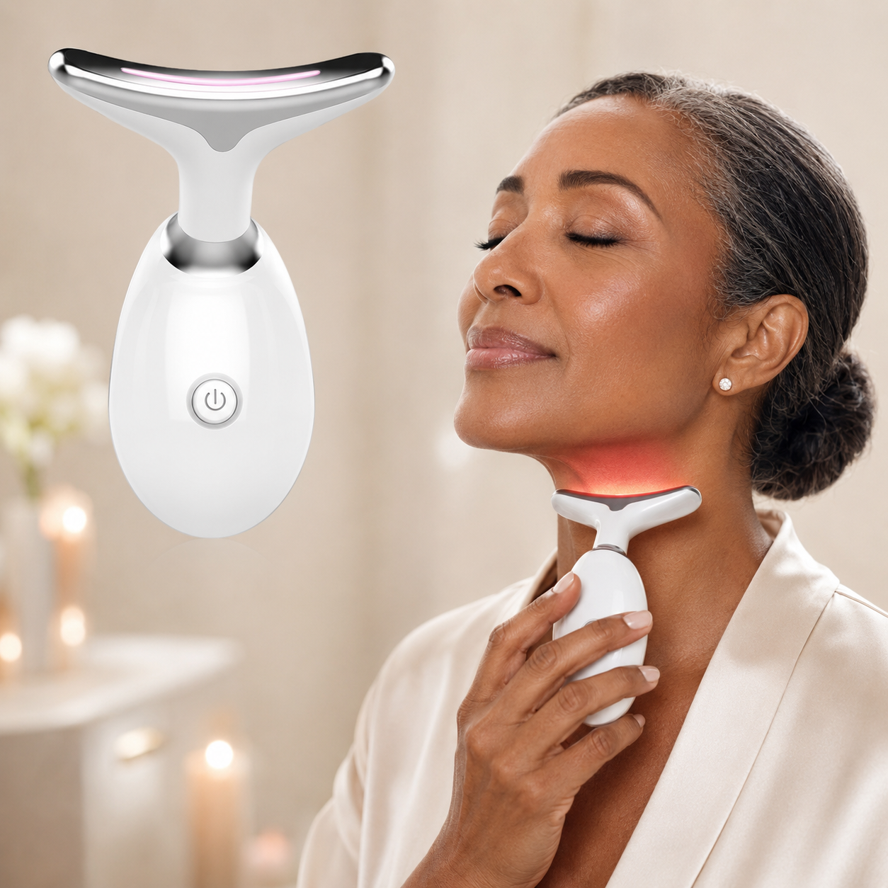Wavy Chic microcurrent facial device, white with red-lit electrode while in use